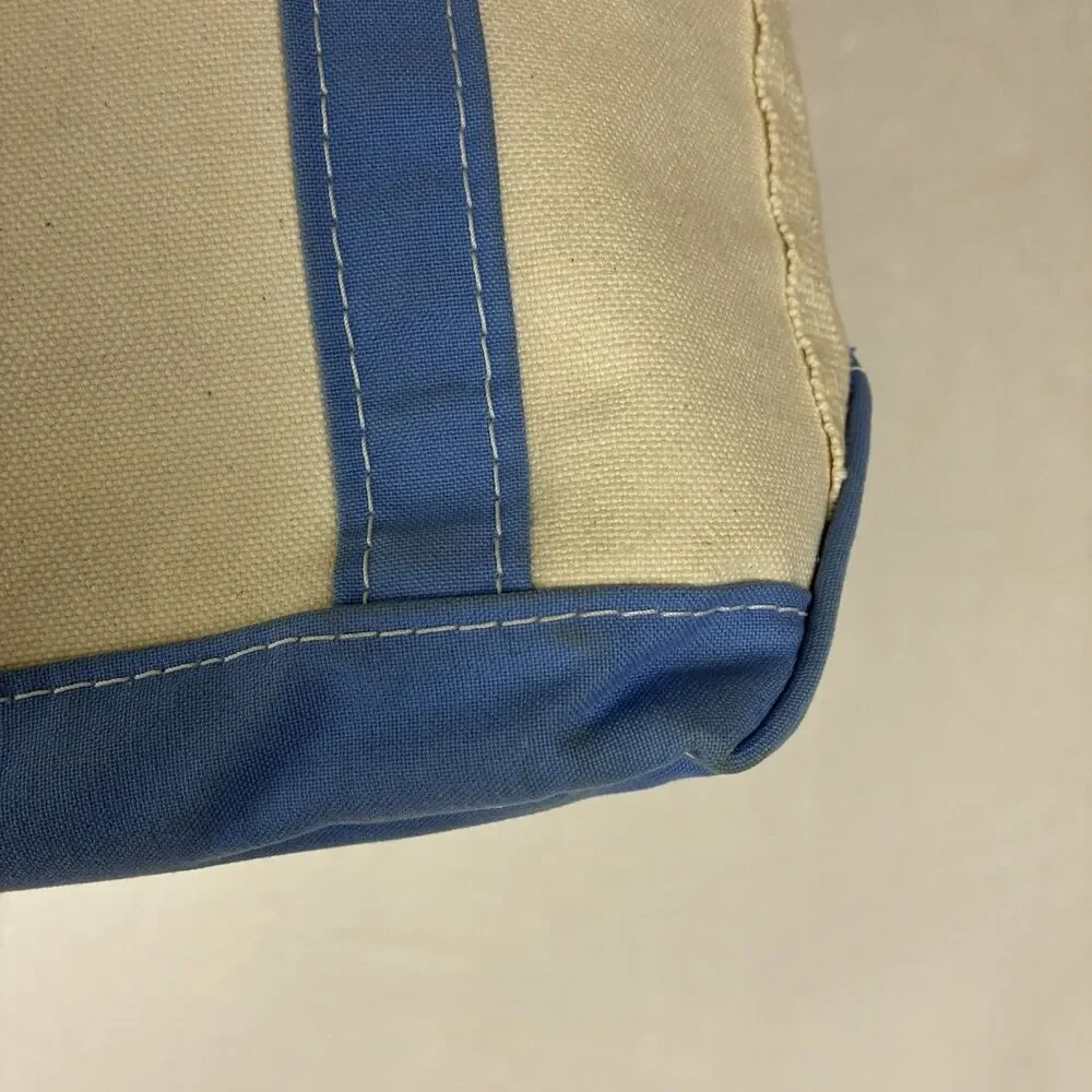 Vintage LL Bean Mini Boat And Tote -Beige Light Blue Canvas Bag With Zipper Top